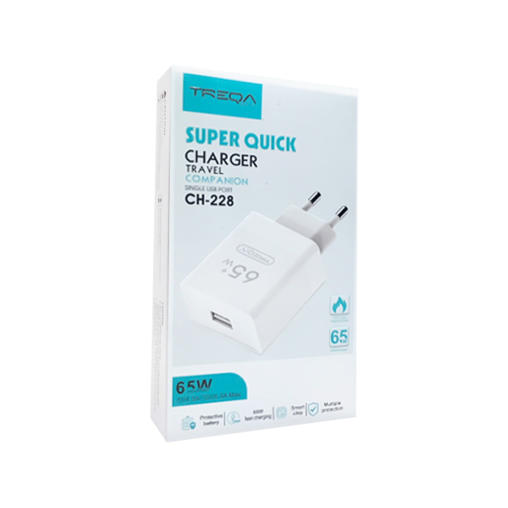 CARGADOR TREQA CH-228  1 USB  65W CARGA EXTRA RAPIDA SIN CABLE LEDSTAR