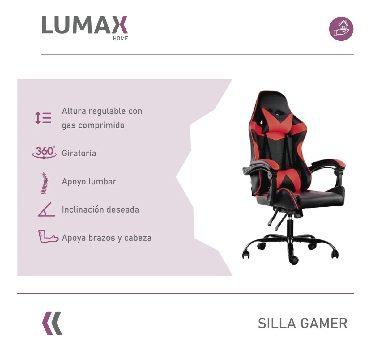 Silla Gamer Lumax ROM negro/rojo Almohadones desmontables.