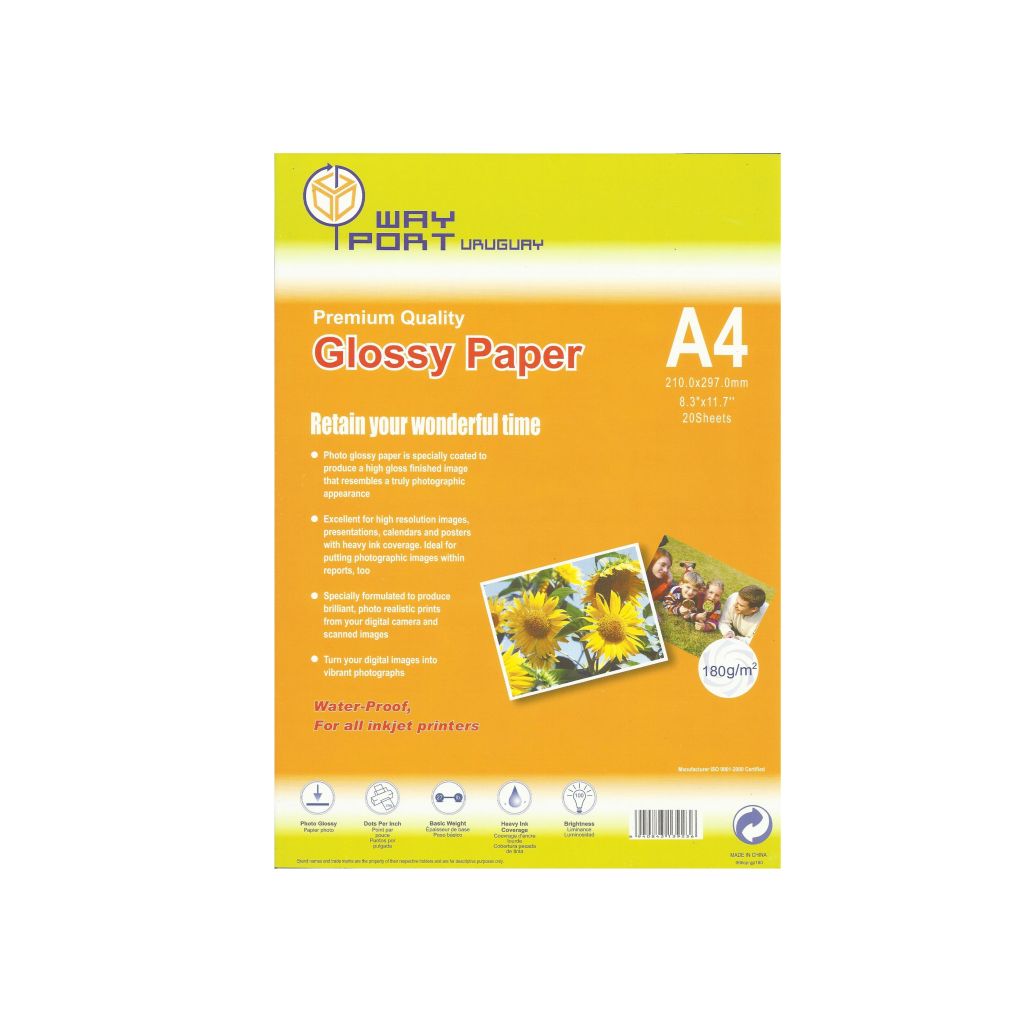 PAPEL FOTO  WAYPORT GLOSSY TINTAS DYE 180GR A4 X20